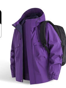 Outdoor hooded jacket for men and women with windproof purple fabric for hiking