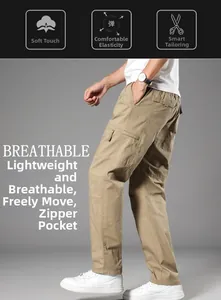 Detail of khaki cargo pants showing breathable cotton fabric and zipper side pockets