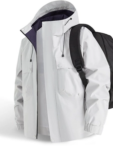 Outdoor light gray hooded windbreaker jacket with waterproof fabric and multi-pockets