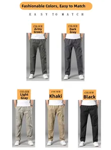Detail view of multi-pocket cargo pants showing army green, grey, khaki and black options
