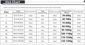 Detailed size guide for men's casual cotton cargo pants showing M to 6XL measurements