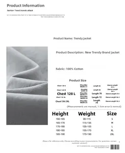 Size guide for men's patchwork utility jacket showing dimensions from S to 2XL
