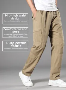 Detail of khaki cargo pants showing cotton fabric texture and side pocket design