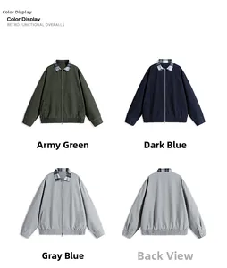 Detail view of cargo jackets featuring plaid collars and durable twill fabric textures