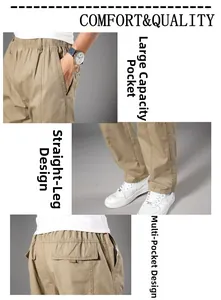 Detail of khaki cargo pants showing large pockets, straight cut and elastic waist