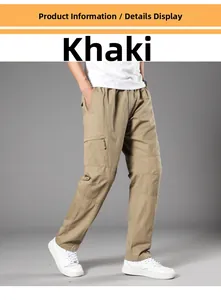 Detail view of khaki cotton cargo pants featuring functional large side pockets