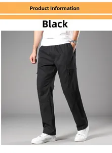 Detail view of large side cargo pockets on black straight-leg casual cotton trousers