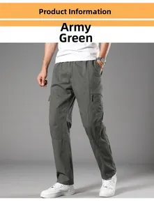 Detail of army green straight cargo pants with elastic waist and side utility pockets