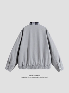 Men's grey-blue work jacket with plaid collar and ribbed hem on grey background