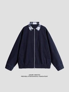Men's navy blue work jacket with checkered collar and elastic hem, casual streetwear style