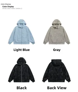 Detail view of vintage washed PU leather jacket in light blue, grey and black colors