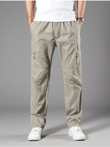 Men's casual loose fit cotton cargo pants in khaki with multiple pockets and elastic waist
