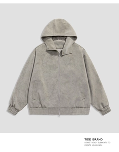 Detailed view of the light gray hooded suede jacket featuring full zip and elastic cuffs