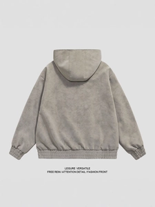 Vintage washed PU leather bomber jacket with hooded design and ribbed cuffs in gray