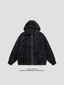 Vintage oversized washed PU leather bomber jacket in distressed black with hood