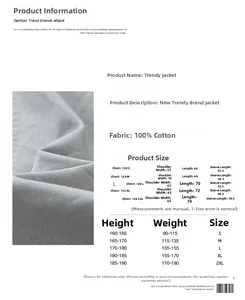 Size chart detail for American retro cotton jacket with bust and shoulder measurements