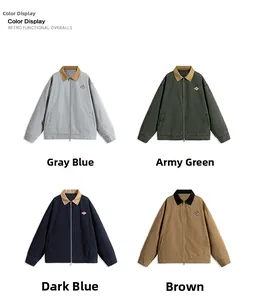 Detailed grid view of four vintage work jackets in grey blue, army green, navy and brown