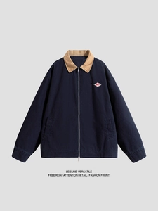 Men's Vintage American Contrast Lapel Workwear Jacket 100% Cotton Canvas Loose Casual Zipper Utility Outwear Coat