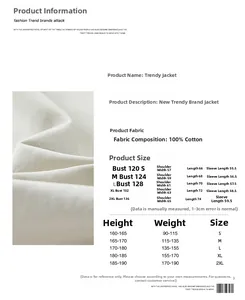 Size chart for 100% cotton workwear jacket with detailed measurements and fit guide