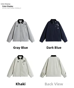 Detail view of retro workwear jackets in three colors with contrast collar and badges