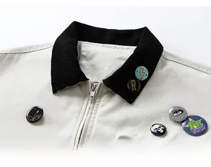 Detailed macro view of retro badges and ribbed black collar on a beige worker jacket