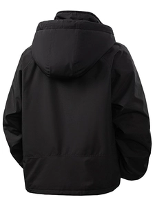 Men's black hooded outdoor softshell jacket with windproof fabric and tactical back view