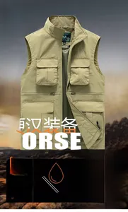 Close-up of khaki multi-pocket tactical vest showing waterproof and breathable fabric