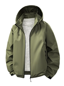 Men's hooded windbreaker jacket in olive green with warm white fleece lining