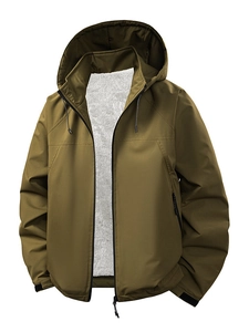 Men's olive green hooded softshell jacket with warm fleece lining and windproof design