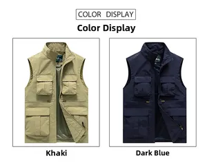 Detailed color display of khaki and dark blue multi-pocket outdoor vest for men