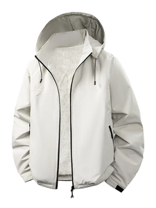 Men's off-white hooded softshell jacket with warm fleece lining and adjustable cuffs