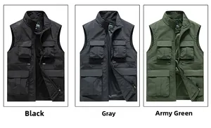 Three-color display of multi-pocket fishing vests in black, grey, and army green options