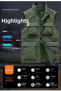Detail of army green outdoor fishing vest showing waterproof fabric and multiple pockets