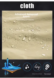 Close-up of khaki waterproof fabric showing water droplets and multi-layer thermal structure