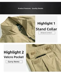 Detail of khaki outdoor vest showing windproof stand collar and large velcro utility pockets