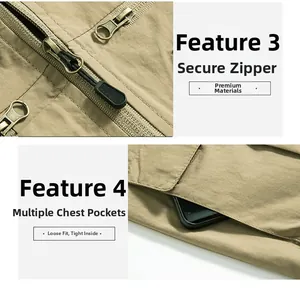Detail of khaki outdoor vest showing metal zipper and large utility chest pocket