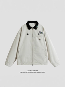 Men's American style off-white casual jacket with corduroy collar and badge details
