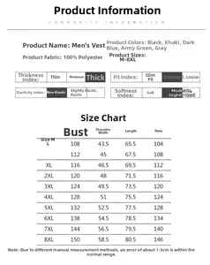 Detailed size chart for men outdoor vest showing dimensions from M to 8XL plus fabric info
