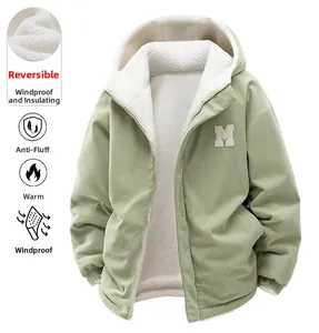 Detail of green corduroy jacket with Sherpa fleece lining and embroidered letter M patch