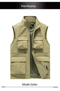 Flat lay of khaki outdoor vest with multi-pockets and breathable mesh lining detail