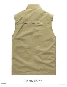 Rear view of khaki outdoor fishing vest showing durable fabric and back seam details