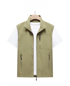 Detailed view of the multi-pocket khaki utility vest with high-quality zipper closure