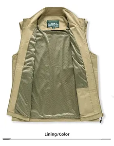 Detail showing khaki outdoor vest with breathable mesh lining and zippered stand collar