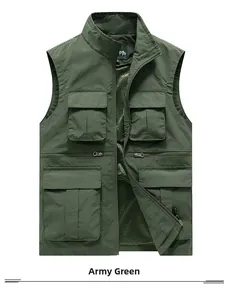 Close-up of military green outdoor vest with multi-pocket design and breathable mesh lining