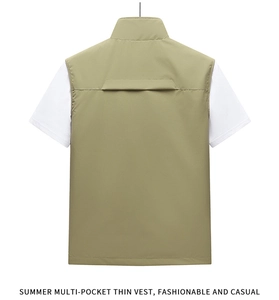 Rear view of khaki multi-pocket outdoor vest featuring back ventilation and stand collar