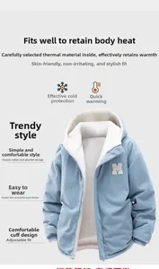Detail showing the light blue corduroy fabric and warm white fleece lining with an M patch