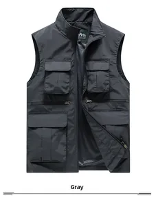 Detail view of multi-pocket fishing vest with breathable mesh lining and stand collar