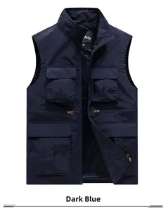 Detail view of navy blue multi-pocket vest showing stand collar and mesh lining texture