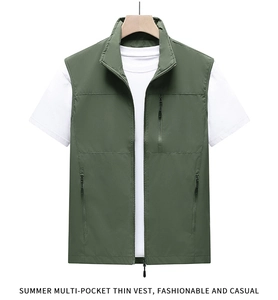 Detail view of military green outdoor fishing vest with multiple functional zipper pockets