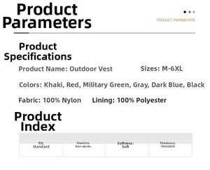 Detaillierte Größentabelle und Materialangaben für die Outdoor-Anglerweste mit Taschen